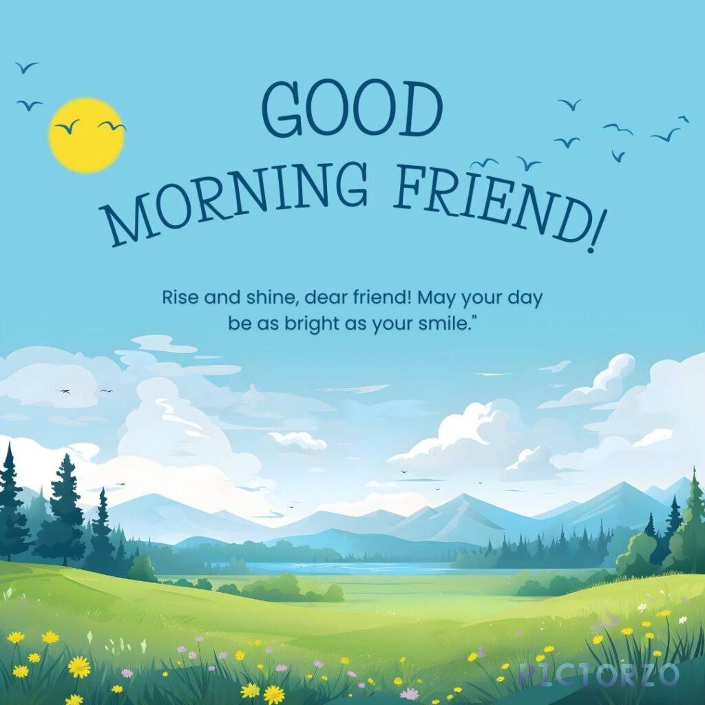 A cheerful image with the text GOOD MORNING FRIEND! Rise and shine, dear friend! May your day be as bright as your smile. in a friendly font and bright colors