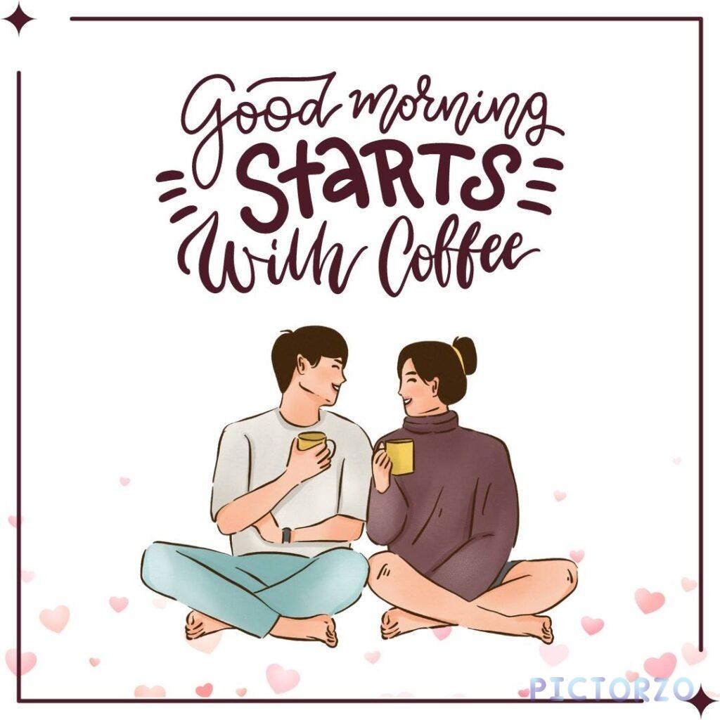 A couple sitting on the floor, drinking coffee from mugs with the text Good Morning. The man is wearing a blue shirt and jeans, and the woman is wearing a red dress. They are both smiling