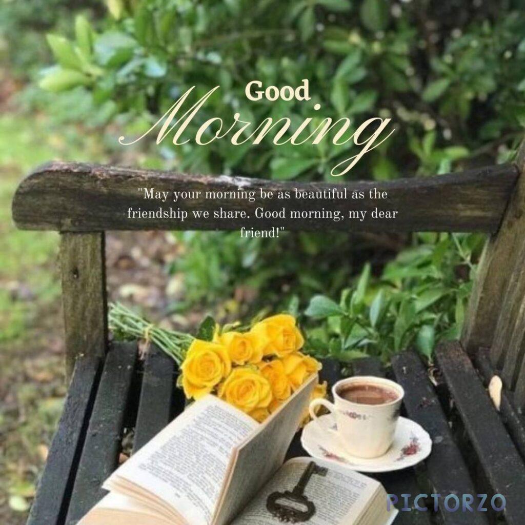A cup of coffee and a croissant on a table, with the text Good morning, friends! Start your day off right with a delicious cup of coffee and a pastry