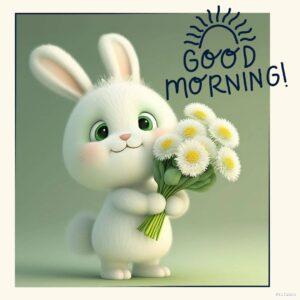 A cute white bunny holding a bouquet of daisies with the words Good Morning! written on it