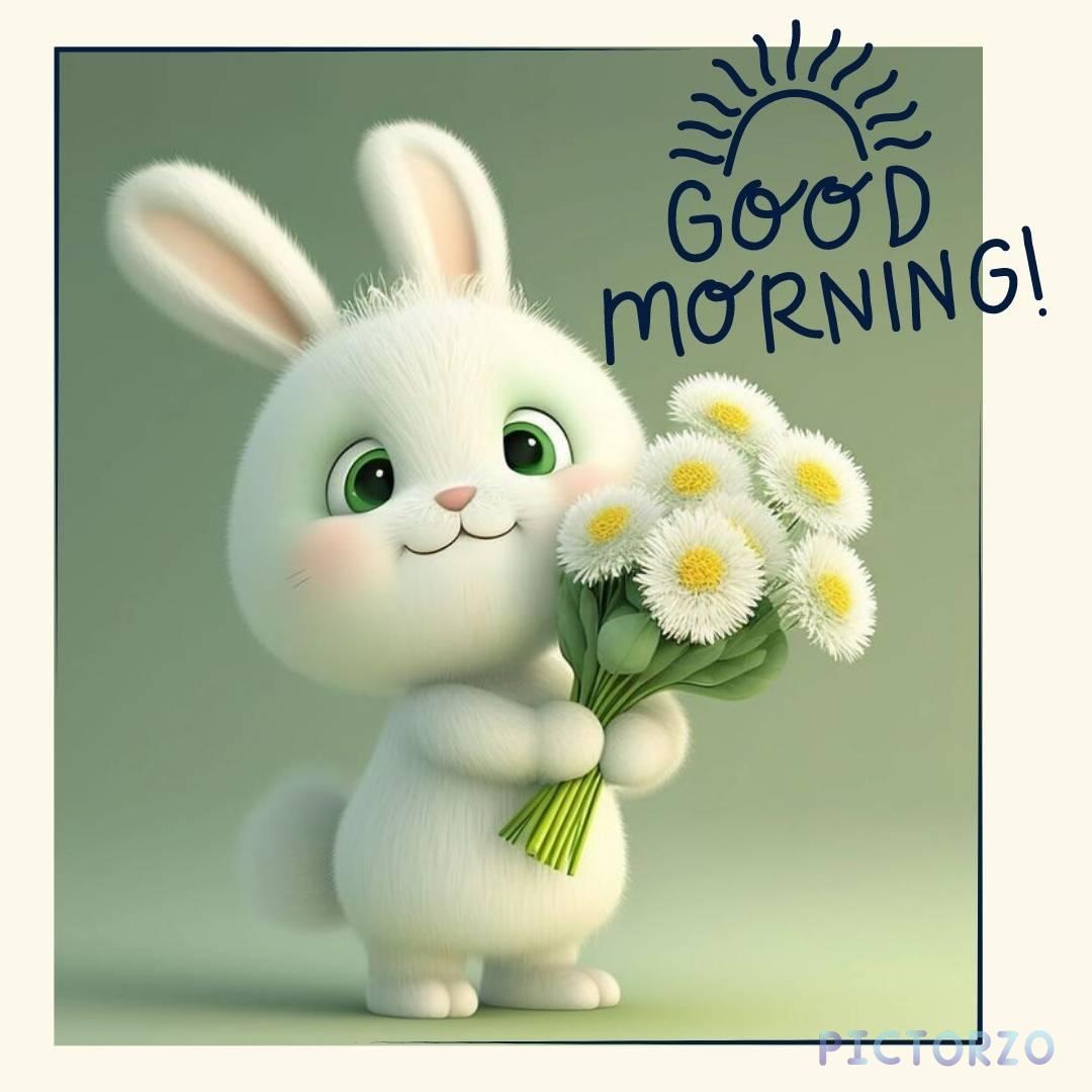Good Morning Cute Images 1 A cute white bunny holding a bouquet of daisies with the words Good Morning! written on it
