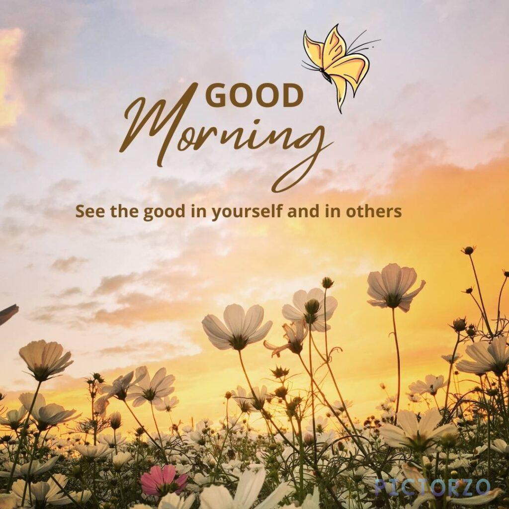 A good morning image with flowers, a butterfly, and a sunset in the background. The text Good Morning and See the good in yourself and in others is superimposed on the image in a cursive font