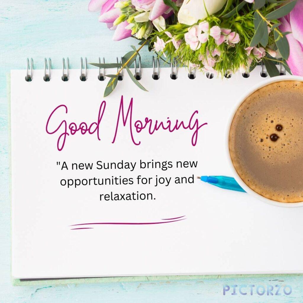 A notebook with a cup of coffee and flowers on it. The text Good Morning and the quote A new Sunday brings new opportunities for joy and relaxation. are written on the notebook