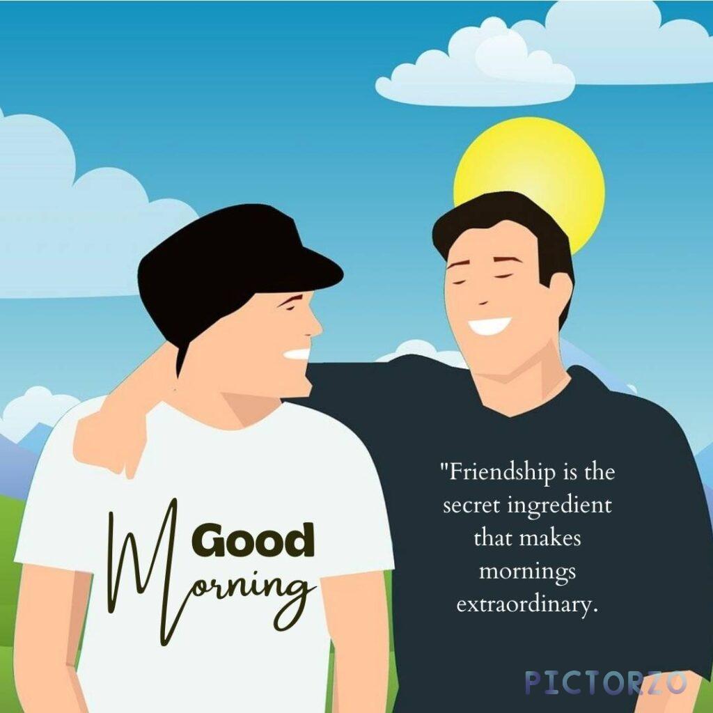 A photo of two men standing next to each other, smiling. There is a text overlay that says Good Morning Friends and Friendship is the secret ingredient that makes mornings extraordinary.
