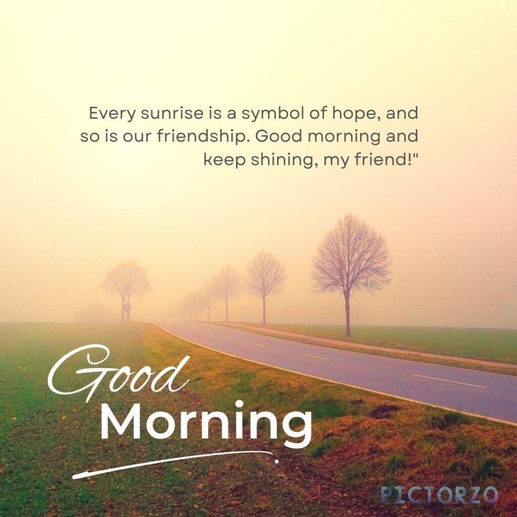 A sunrise over the ocean, with the text Every sunrise is a symbol of hope, and so is our friendship. Good morning and keep shining, my friend