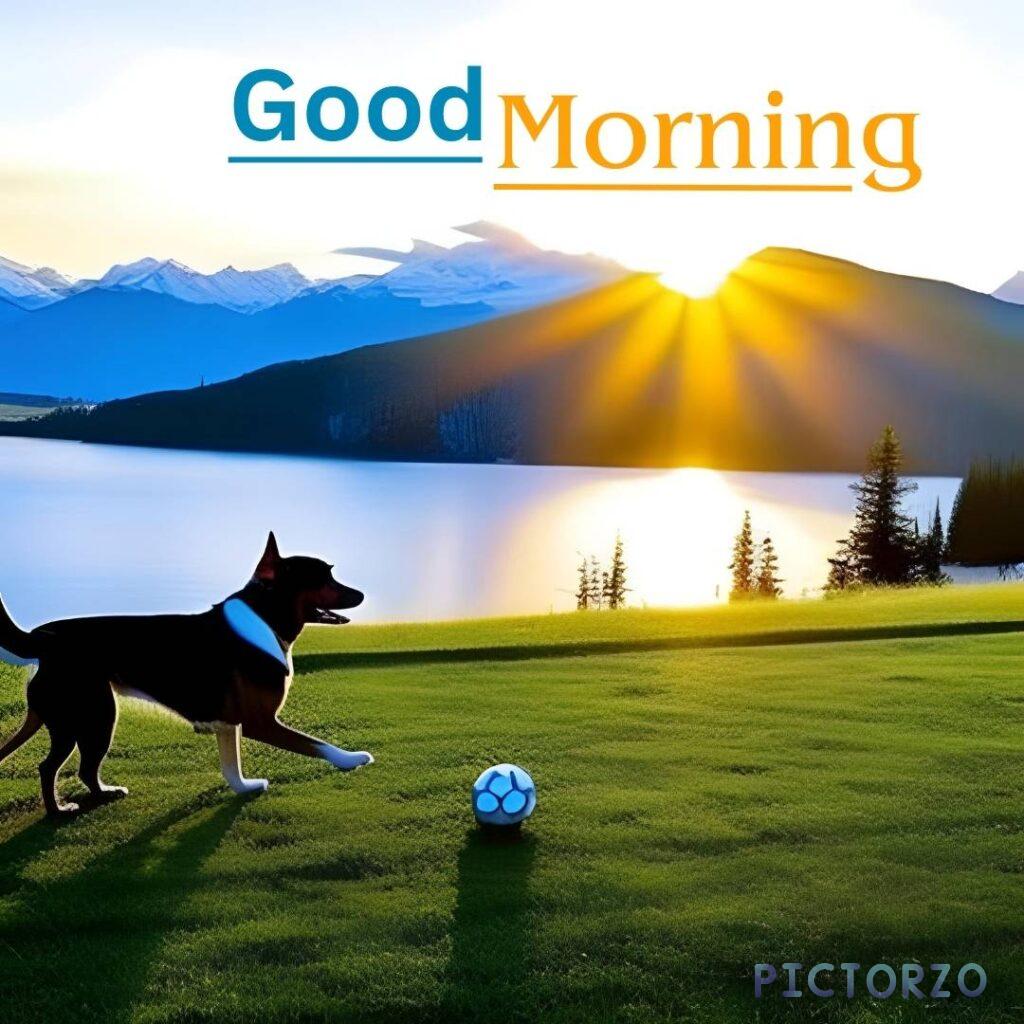Good morning image of a dog playing soccer in a field with a lake and mountains in the background.