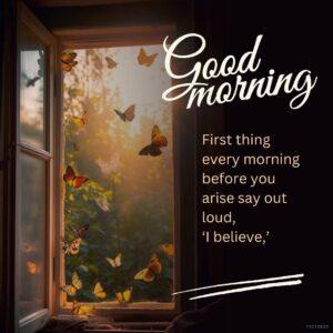 Good morning image with nature of a window with butterflies flying out of it. The window is open, and the sun is shining through it. The butterflies are flying around the window, and the sun is shining through the window. The text "Good morning" is written on the image