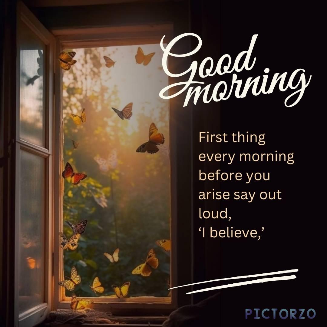 Good morning image with nature of a window with butterflies flying out of it. The window is open, and the sun is shining through it. The butterflies are flying around the window, and the sun is shining through the window. The text "Good morning" is written on the image