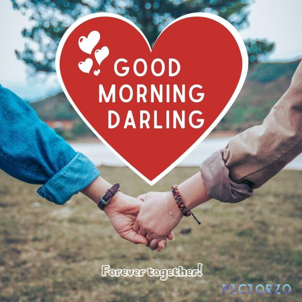 A good morning love image with the text Good Morning darling! The image is a close-up of two hands intertwined, with a sunrise in the background