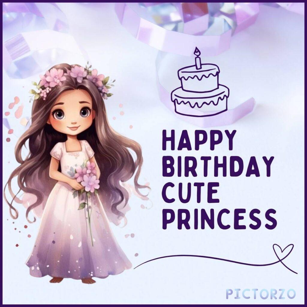A cartoon princess holding flowers and text is happy birthday cute princess writing on it with cake top corner.