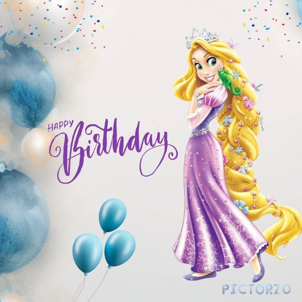 A princess pink dress and yellow hair with blue balloons and text is happy birthday writing on it