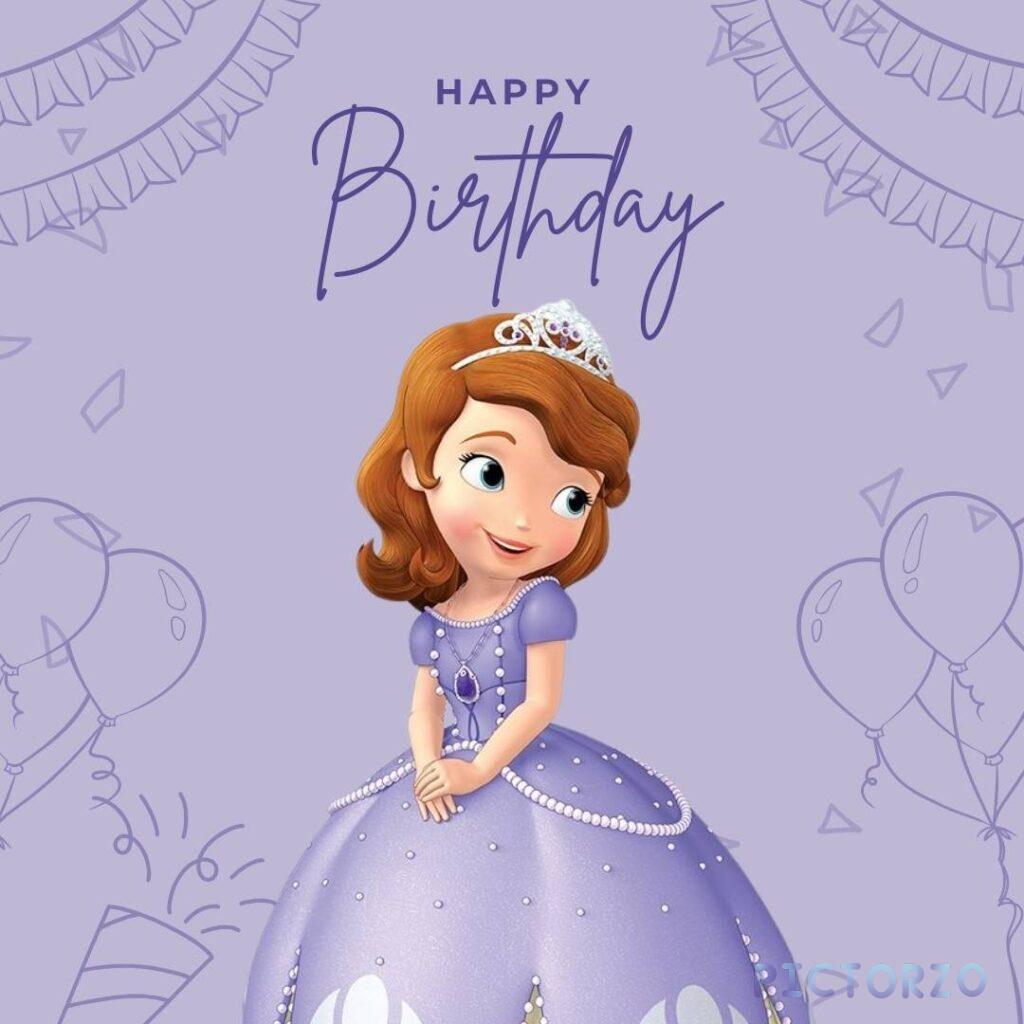 A little princess in Pink dress with pink background and text is happy birthday write on it 