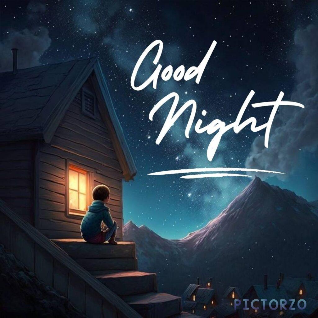 A beautiful house with the words Good Night written on it, lit up against a dark night sky. The house has a warm and inviting glow, and the words Good Night are a reminder to rest and relax