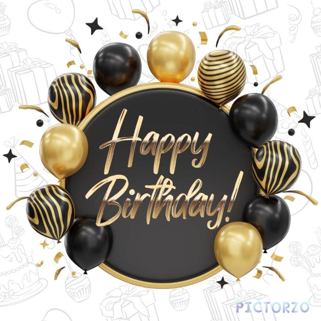 A black and gold Happy Birthday card with a bunch of colorful balloons. The balloons are in the shape of letters that spell out “Happy Birthday.” There is also a gold ribbon tied around the balloons.