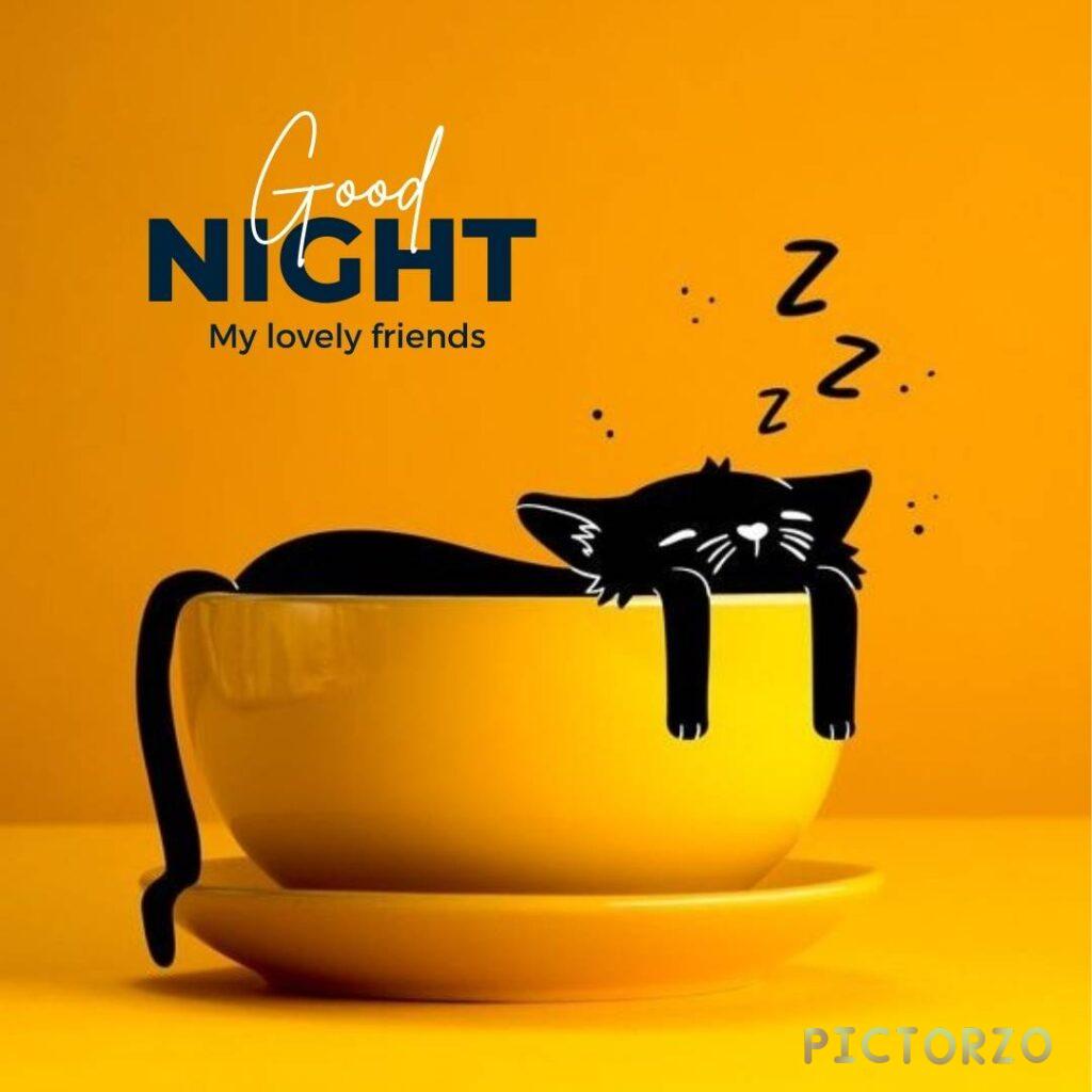 A black cat sleeping in a yellow cup, with the text Good Night My Lovely Friends! above it