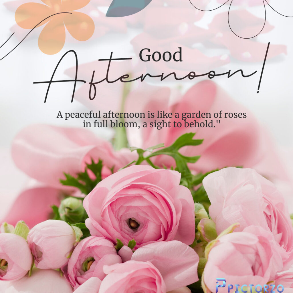 A bouquet of pink flowers with soft petals and a hazy background. The text "GOOD AFTERNOON A PEACEFUL AFTERNOON IS LIKE A GARDEN OF ROSES IN FULL BLOOM, A SIGHT TO BEHOLD" is superimposed on the image in a white font.