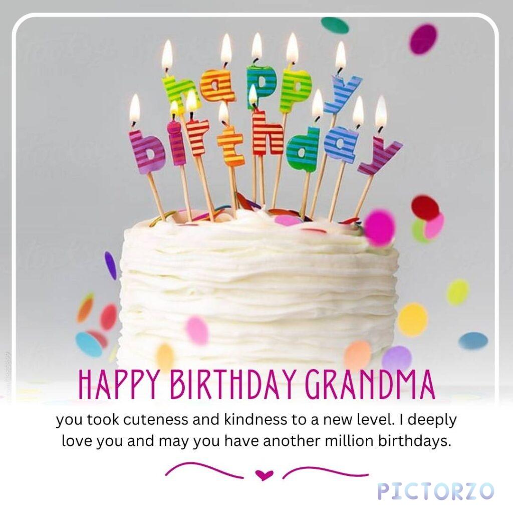 A brightly colored birthday cake adorned with rainbow candles and confetti, conveying a message of love and cheer for grandma on her special day