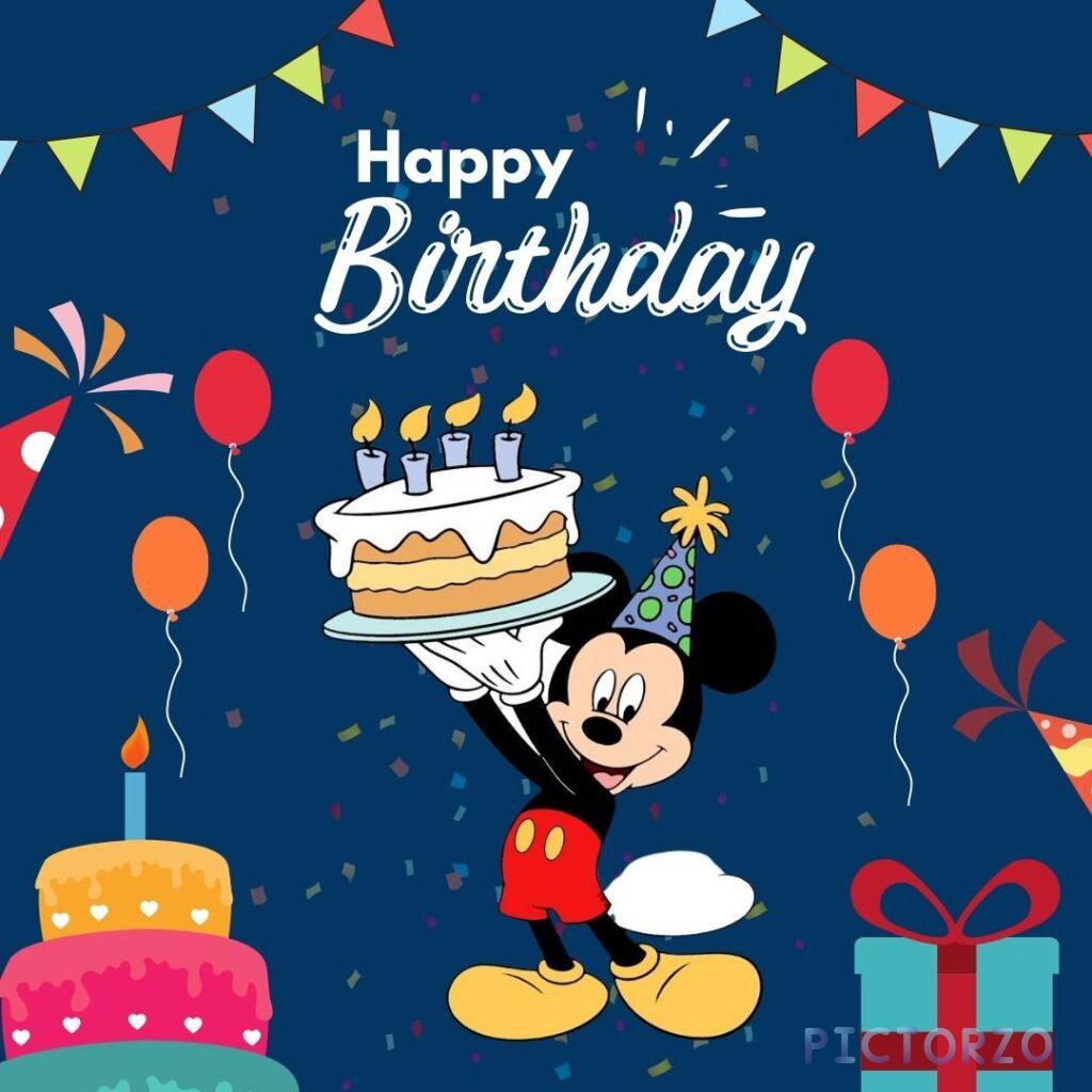 A cheerful Mickey Mouse holding a birthday cake with lit candles, against a blue background