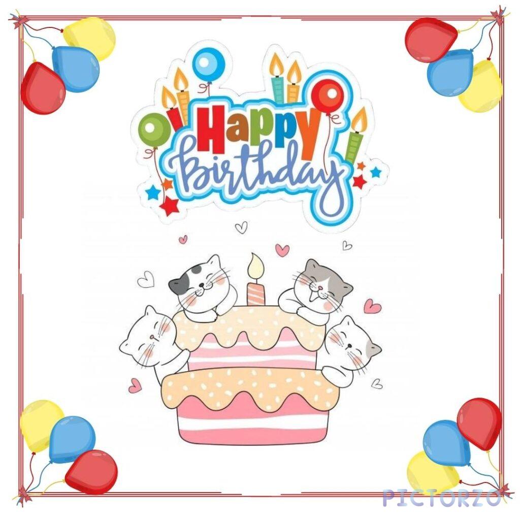 A close-up photo of a birthday card with four cartoon cats sitting on top of a two-tiered cake decorated with pink frosting, sprinkles, and six lit candles. multiple balloons with white polka dots float above the cake. The background is white.