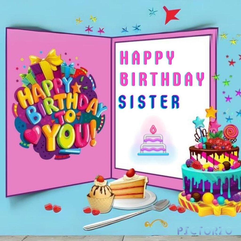 A close-up photo of a birthday greeting card with the words Happy Birthday and Sister written in large, glittery letters. The card is decorated with confetti and streamers