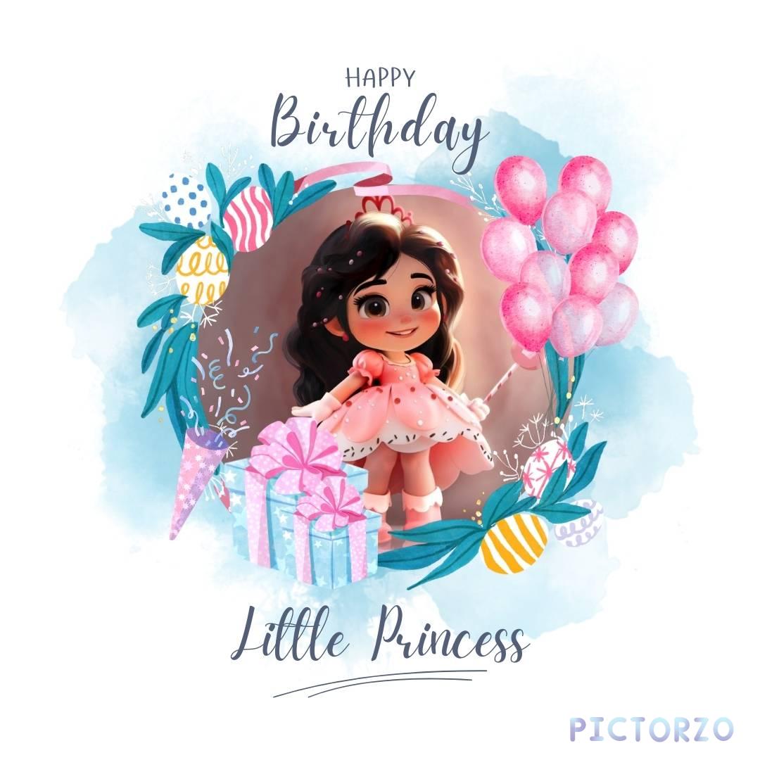 Happy Birthday Princess Images 1 A close-up photo of a young girl with short brown hair and a big smile on her face. She is wearing a pink party hat with the words Happy Birthday litte princess written on it.
