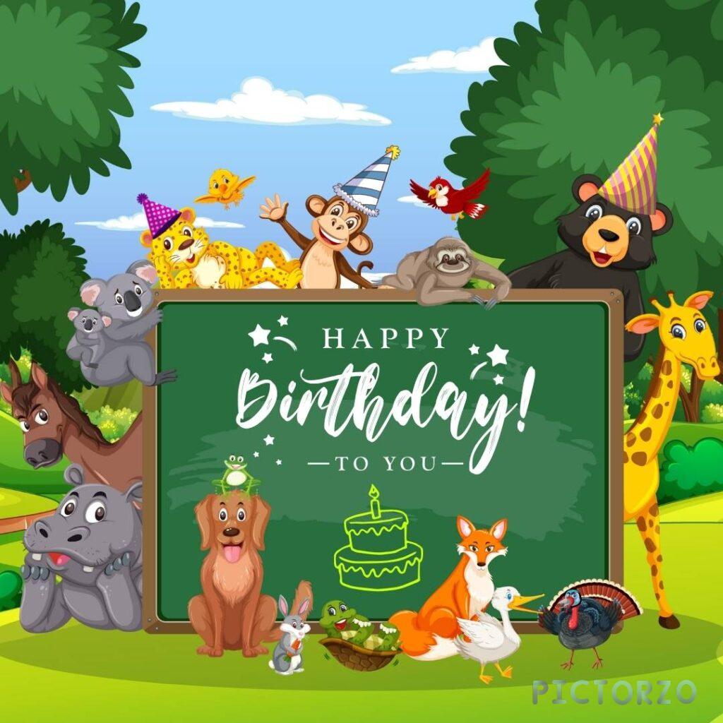 A colorful Happy Birthday card featuring a group of adorable cartoon animals gathered around a grassy park. A cheerful giraffe holds a green banner with the words "Happy Birthday" written in white letters. Other animals, including a playful elephant, a bashful zebra, and a curious monkey, wear festive party hats and add to the joyous atmosphere.