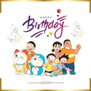 Happy Birthday Cartoon Images 17 A colorful Happy Birthday card featuring a group of adorable cartoon animals gathered around a grassy park. A cheerful giraffe holds a green banner with the words "Happy Birthday" written in white letters. Other animals, including a playful elephant, a bashful zebra, and a curious monkey, wear festive party hats and add to the joyous atmosphere.