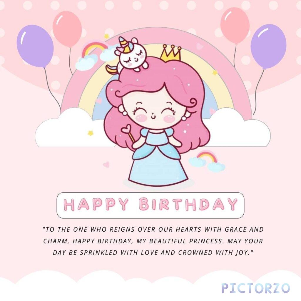 A colorful greeting card with the text "Happy Birthday" written in large, pink, script lettering. Below the text is a cartoon princess with short, brown hair and a blue dress. The princess is smiling and holding a lit candle. In the background, there are pink and purple balloons and streamers.