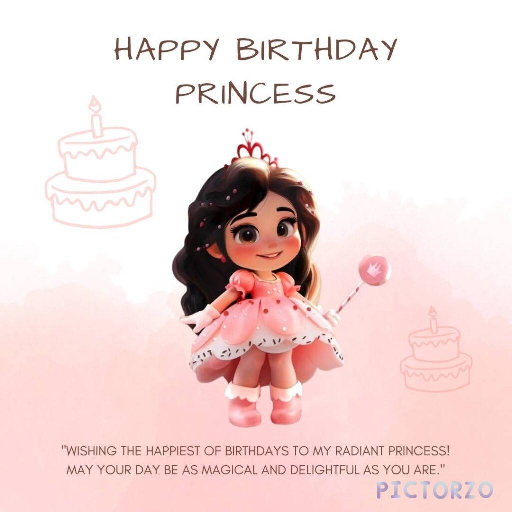 A colorful image with the text Happy Birthday Princess written in pink, playful lettering. Below the text is a cartoon character with short brown hair and a pink dress, holding a candy