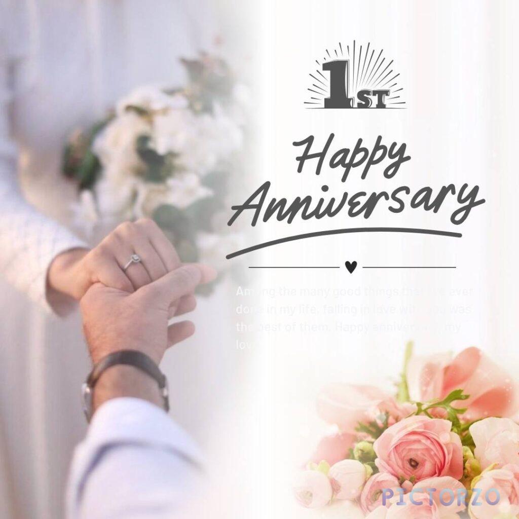 A couple holding hands and bouquet of flower for a 1st anniversary images