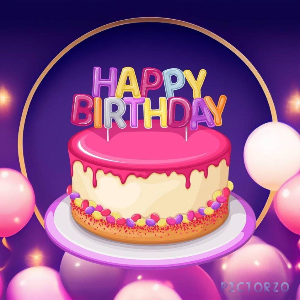 A delicious-looking cartoon birthday cake with gold around ring. The cake is decorated with white frosting and colorful sprinkles. In the background are purple balloons and streamers
