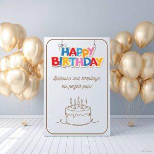 A delightful Happy Birthday card adorned with a medley of helium balloons in various shapes and sizes, their vibrant colors dancing against a soft, blurred background.