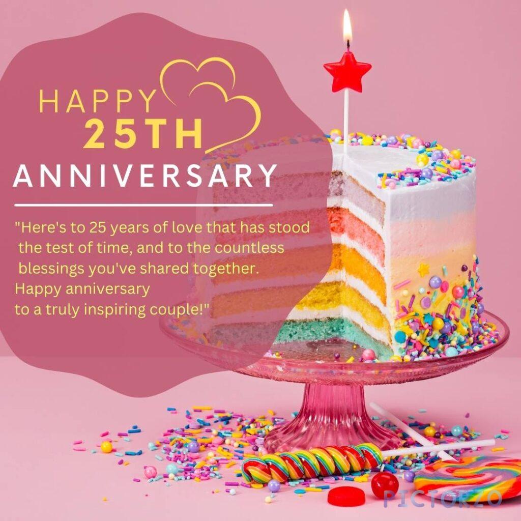 A digital card with the text "Happy Anniversary" in large font at the top. Below that is the text "Wishing you both a silver jubilee filled with continued joy, companionship, and the warmth of your enduring love. Happy 25th anniversary!" Below that is a red heart icon.