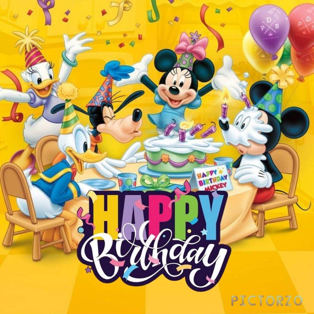 A festive cartoon birthday party with Mickey Mouse, Minnie Mouse, Donald Duck, and Goofy. Mickey and Minnie are seated at a table decorated with a Happy Birthday balloons images, while Donald and Goofy stand behind them holding presents. A three-tiered birthday cake with candles sits in the center of the table.