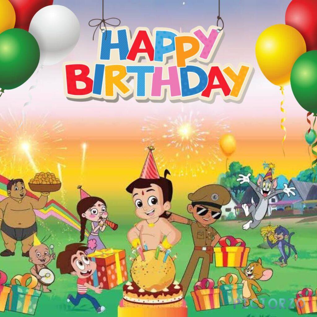 A festive cartoon birthday scene featuring Chhota Bheem, with colorful balloons, fireworks, and the text Happy Birthday in the background