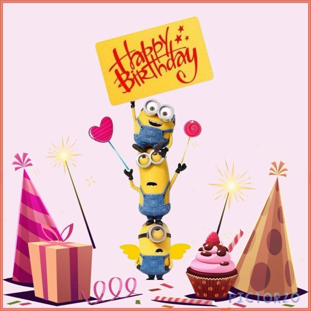 A group of adorable Minions wearing party hats and holding up a cheerful Happy Birthday sign, with a playful pile of presents and balloons adding to the festive atmosphere