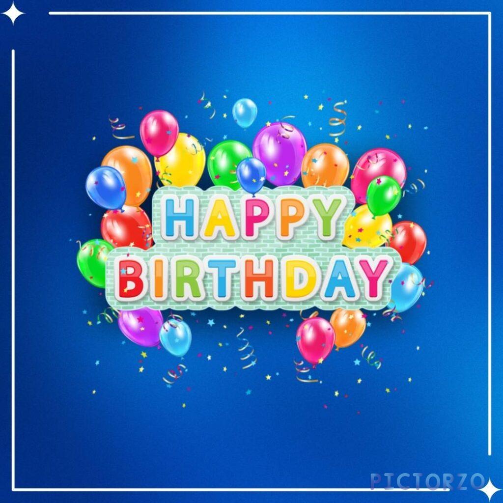 A heartfelt Happy Birthday greeting expressed on a card with a lone ruby red balloon floating amidst a cascade of confetti, set against a calming sky-blue background.