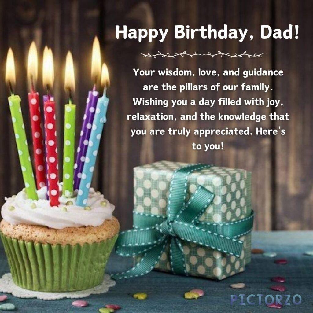 A heartfelt birthday card for Dad, decorated with a festive cupcake and warm wishes