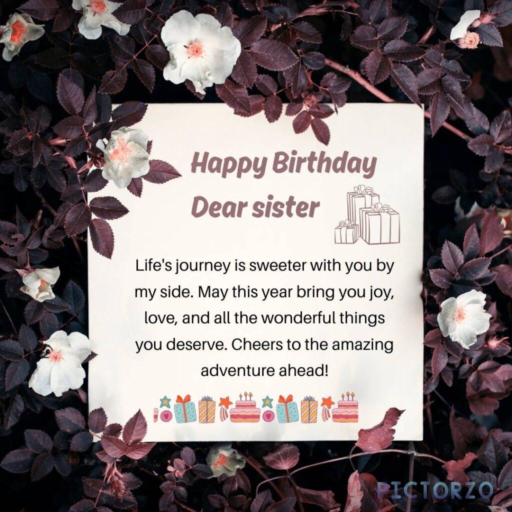 A heartfelt birthday message to a sister, with text saying Happy Birthday Dear Sister. Life's journey is sweeter with you by my side. May this year bring you joy, love, and all the wonderful