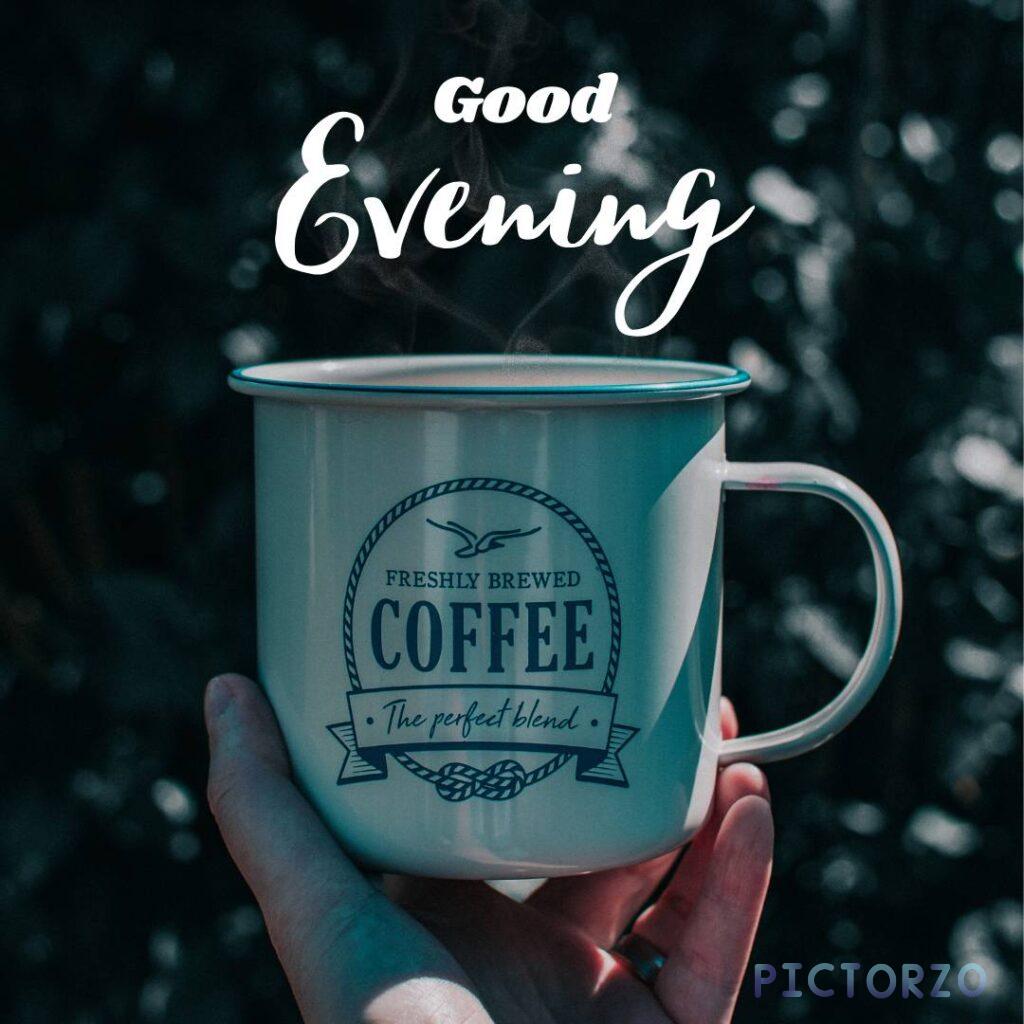 A person holding a cup of coffee in their hand. The coffee is topped with whipped cream and chocolate shavings. The text Good Evening