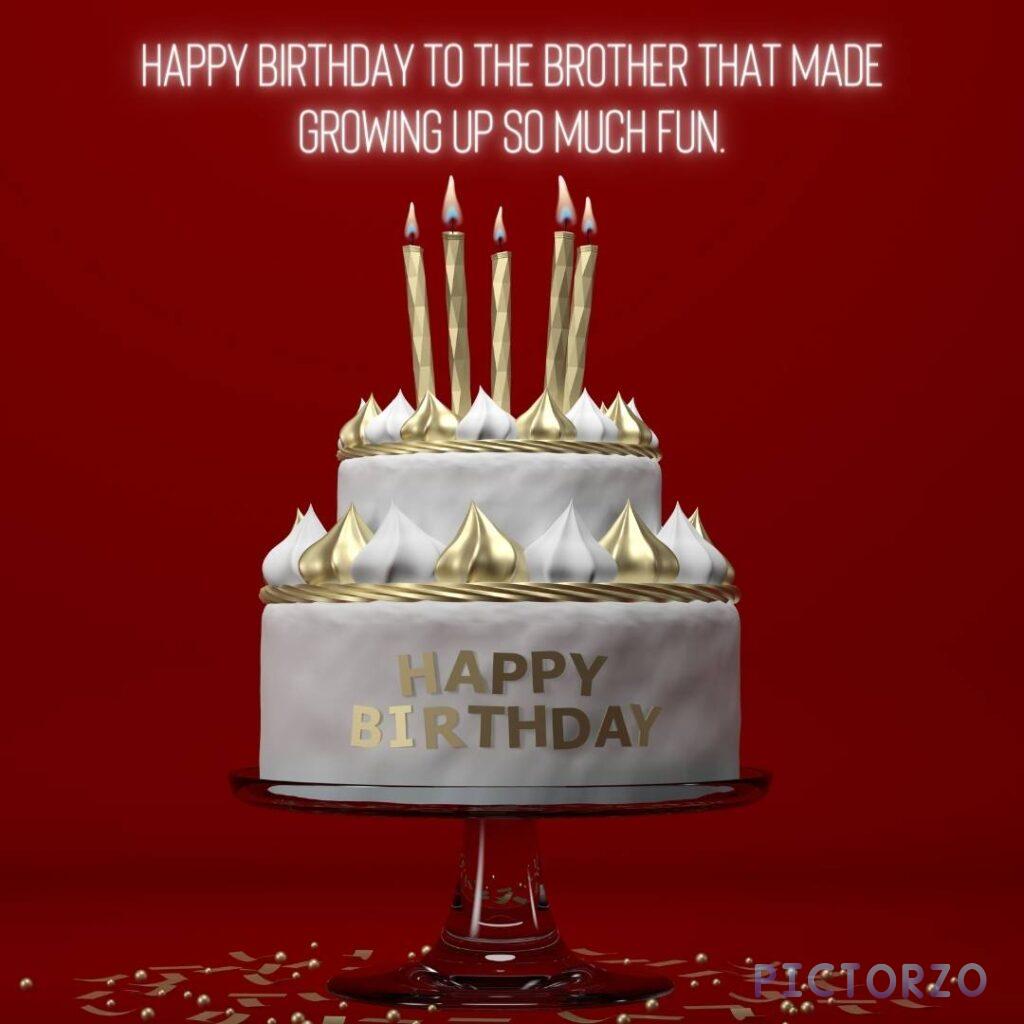 A photorealistic birthday cake with nine lit candles sits in the center of a red background. The cake has three tiers, each decorated with white frosting rosettes and a red ribbon around the base. The top tier has the words "Happy Birthday" written in red icing. Behind the cake is a scattering of gold confetti.