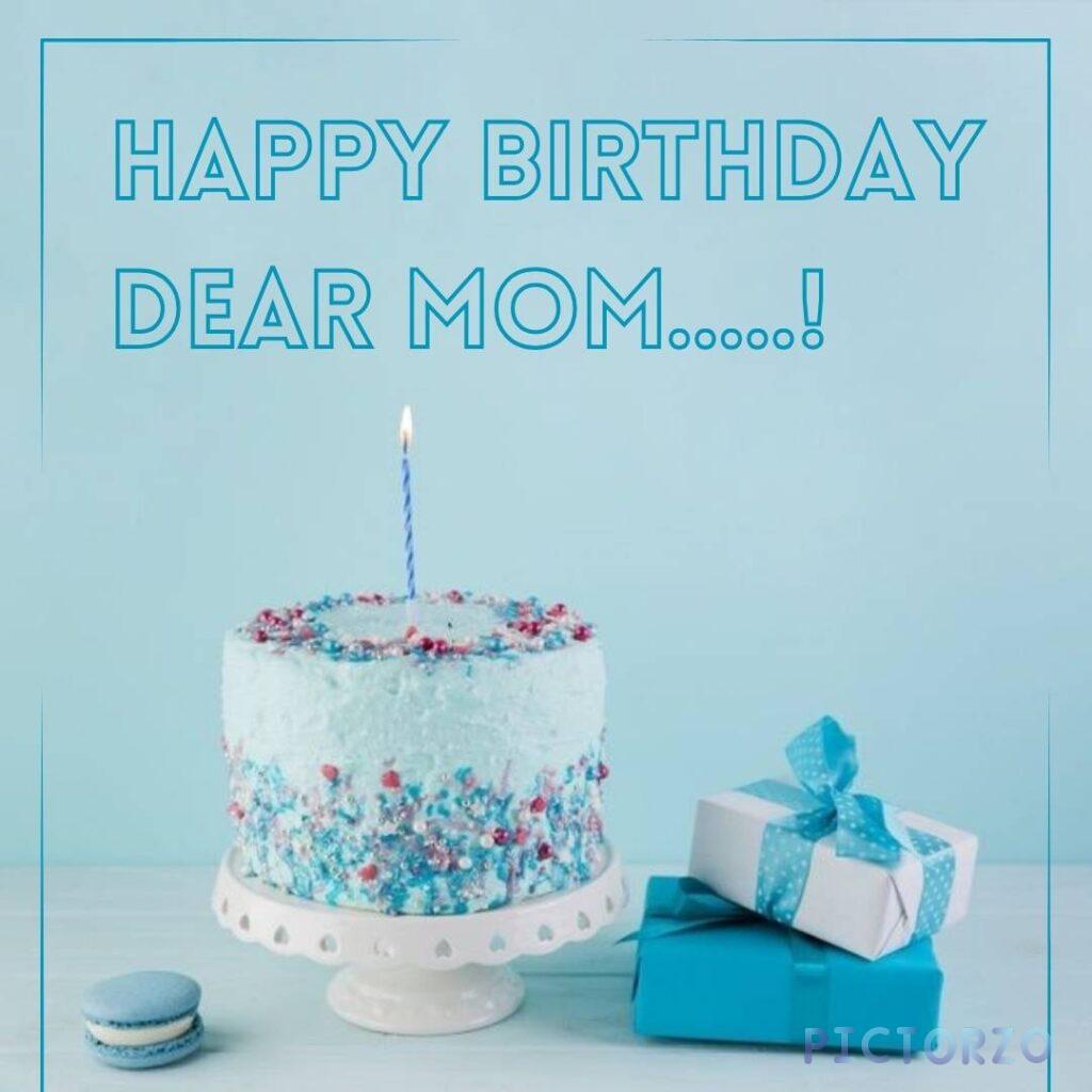 A photorealistic close-up of a birthday cake with a single lit candle, decorated with colorful sprinkles and the words "Happy Birthday Dear Mom" written in icing. This alt tag is descriptive and includes all the key elements of the image.