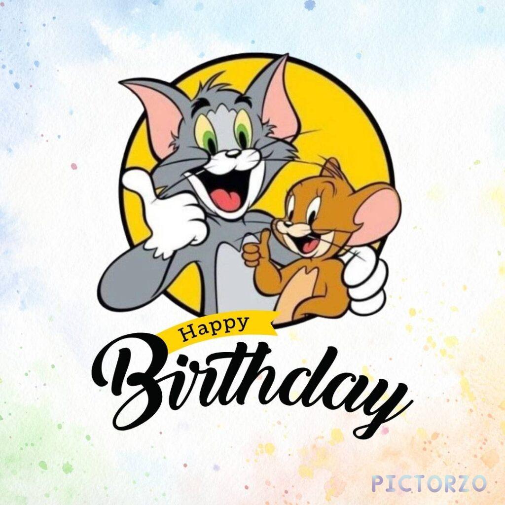 A playful scene from the iconic cartoon Tom and Jerry, featuring Tom the cat and Jerry the mouse celebrating a birthday. Tom holds a brightly colored birthday cake with lit candles, while Jer