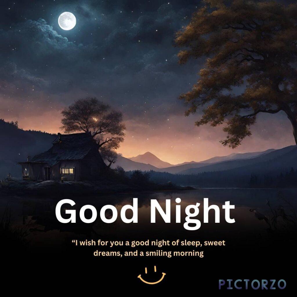 A serene image with the words "Good Night" in a large font in the center, followed by the text "I wish for you a good night of sleep, sweet dreams, and a smiling morning" in a smaller font below. The image has a soft, dreamy background in shades of blue and purple, with a few stars scattered throughout.