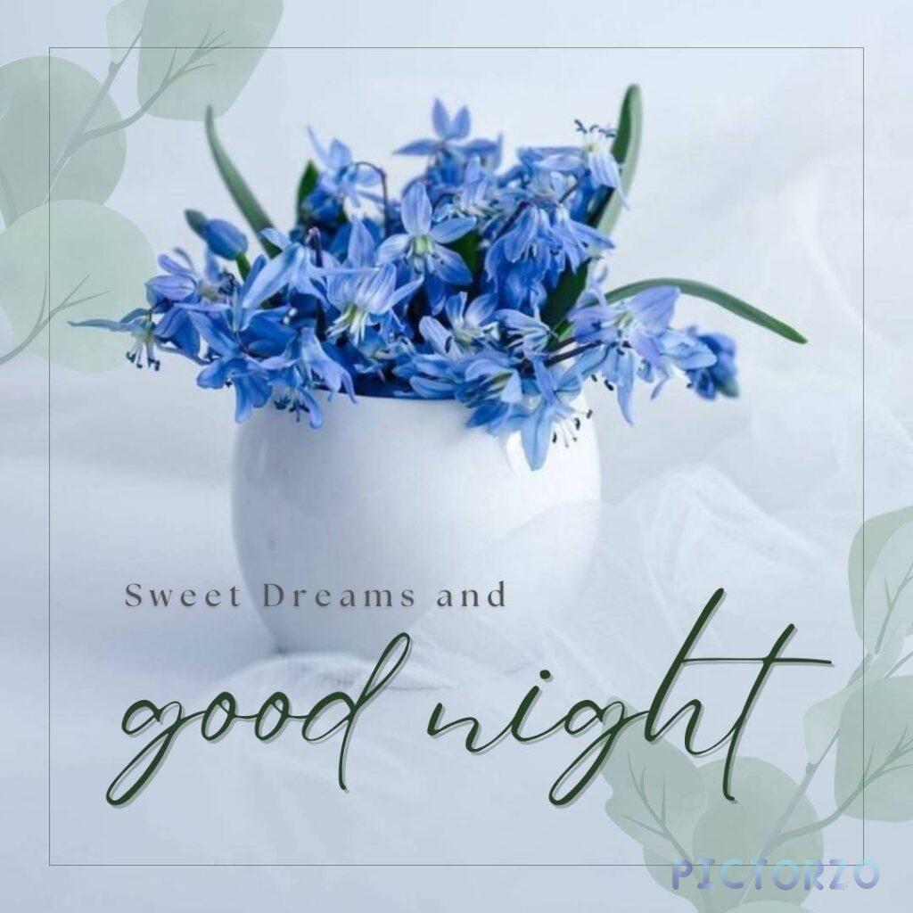 A vase of blue flowers with the words "Sweet Dreams and Good Night" written on it. The flowers are a deep shade of blue, with delicate petals and long stems. The vase is white and simple, and the flowers are the focal point of the image.