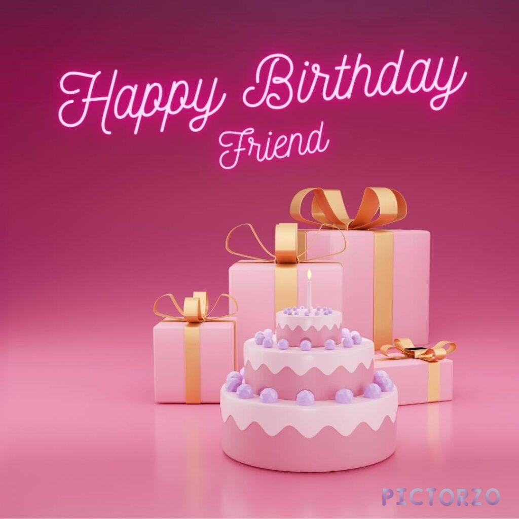 A vibrant birthday cake with pink frosting, sprinkles, and a lit candle, accompanied by the warm message Wishing a very happy birthday to my special friend
