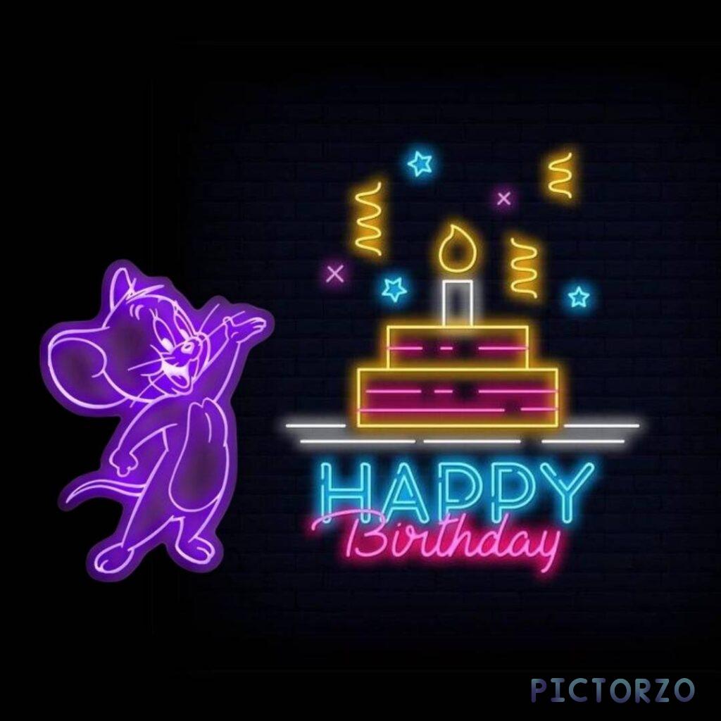A vibrant neon sign showcasing a jubilant cartoon mouse, Jerry from the Tom and Jerry series, gleefully clutching a slice of birthday cake adorned with a single lit candle. The backdrop is a textured brick wall.