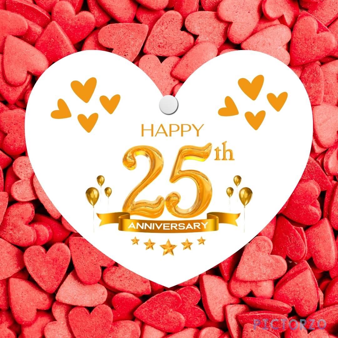 Happy 25th Anniversary Images 1 A white heart-shaped plaque with the words Happy 25th Anniversary written in golden lettering and background is so many small red heart.