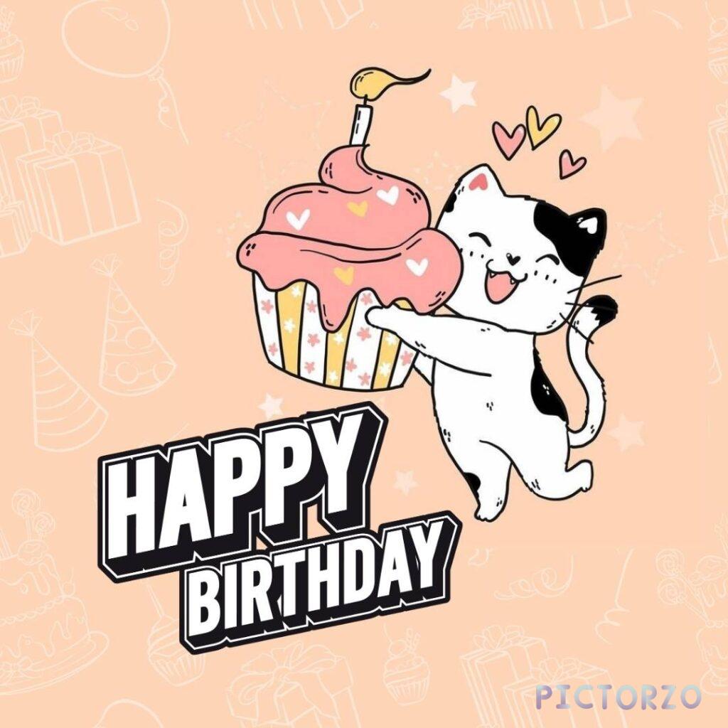 An adorable cartoon tabby cat with big green eyes and a mischievous grin clutches a frosted cupcake topped with a single lit candle. The background is a soft peach color with the text 'Happy Birthday' written in a playful font.