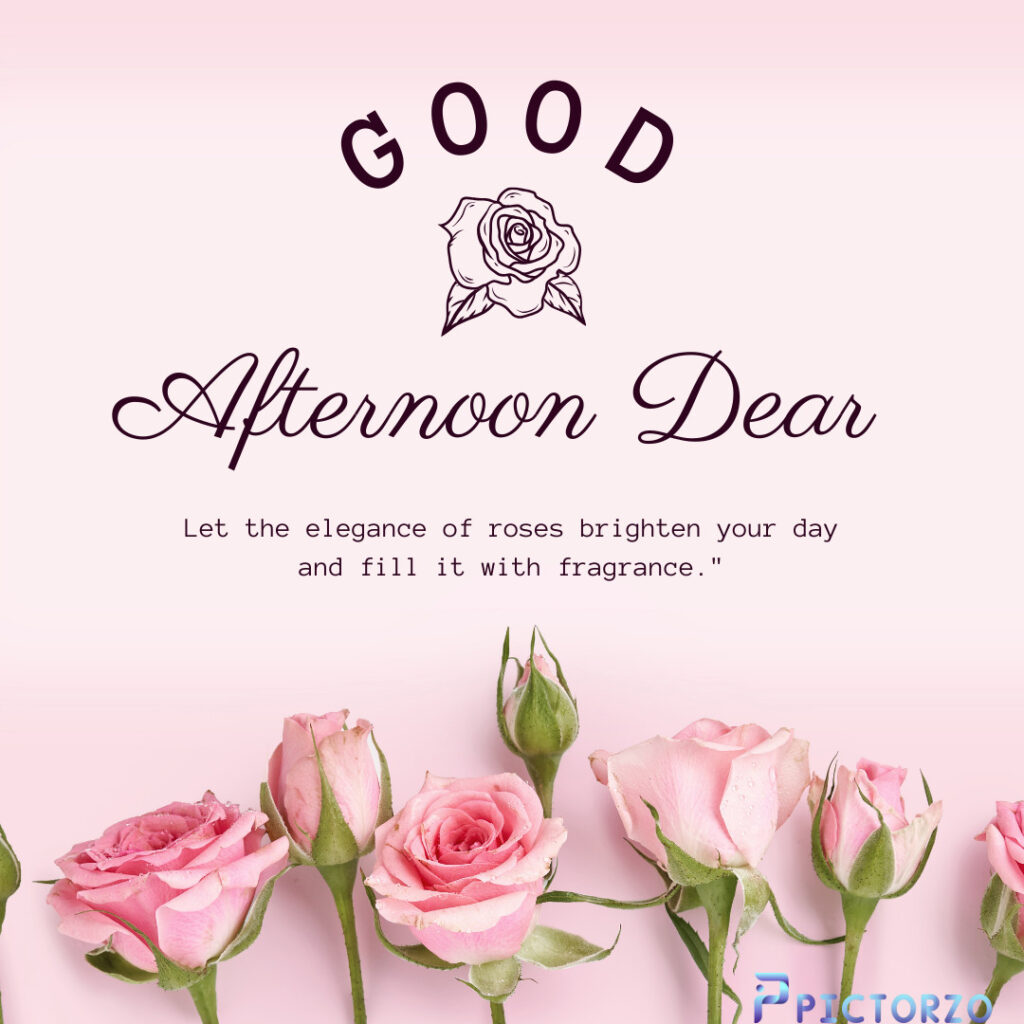 Good afternoon rose images: A bouquet of red roses with lush green leaves and a white ribbon, against a light background. The text "GOOD AFTERNOON DEAR LET THE ELEGANCE OF ROSES BRIGHTEN YOUR DAY AND FILL IT WITH FRAGRANCE" is superimposed on the image.